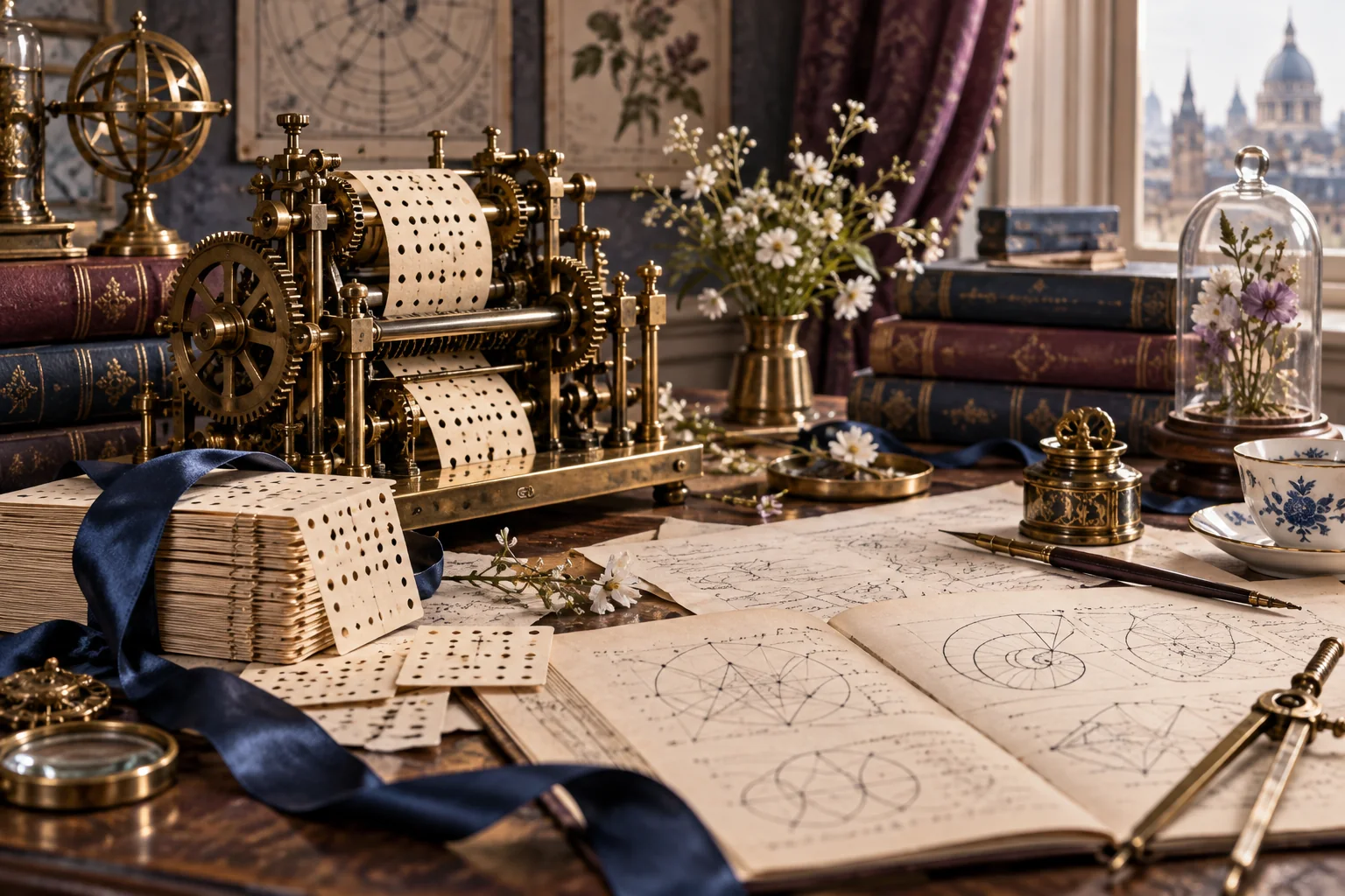 Victorian brass calculating machinery, punched cards and mathematical papers in plum and blue