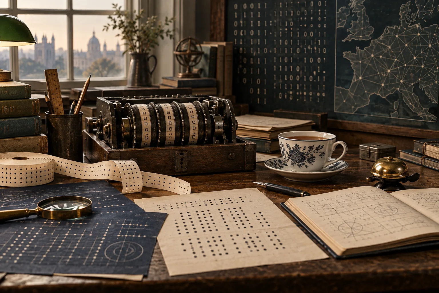 A 1940s mathematics desk with cipher rotors, punched tape, maps and notebooks