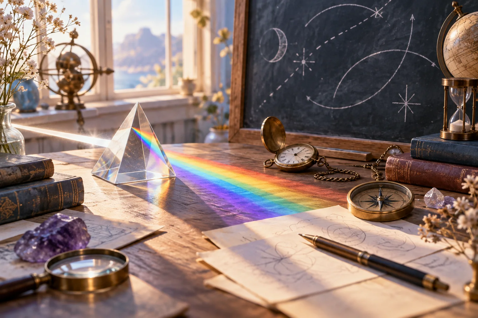 A physics desk with a glass prism, rainbow, pocket watch, compass and chalkboard