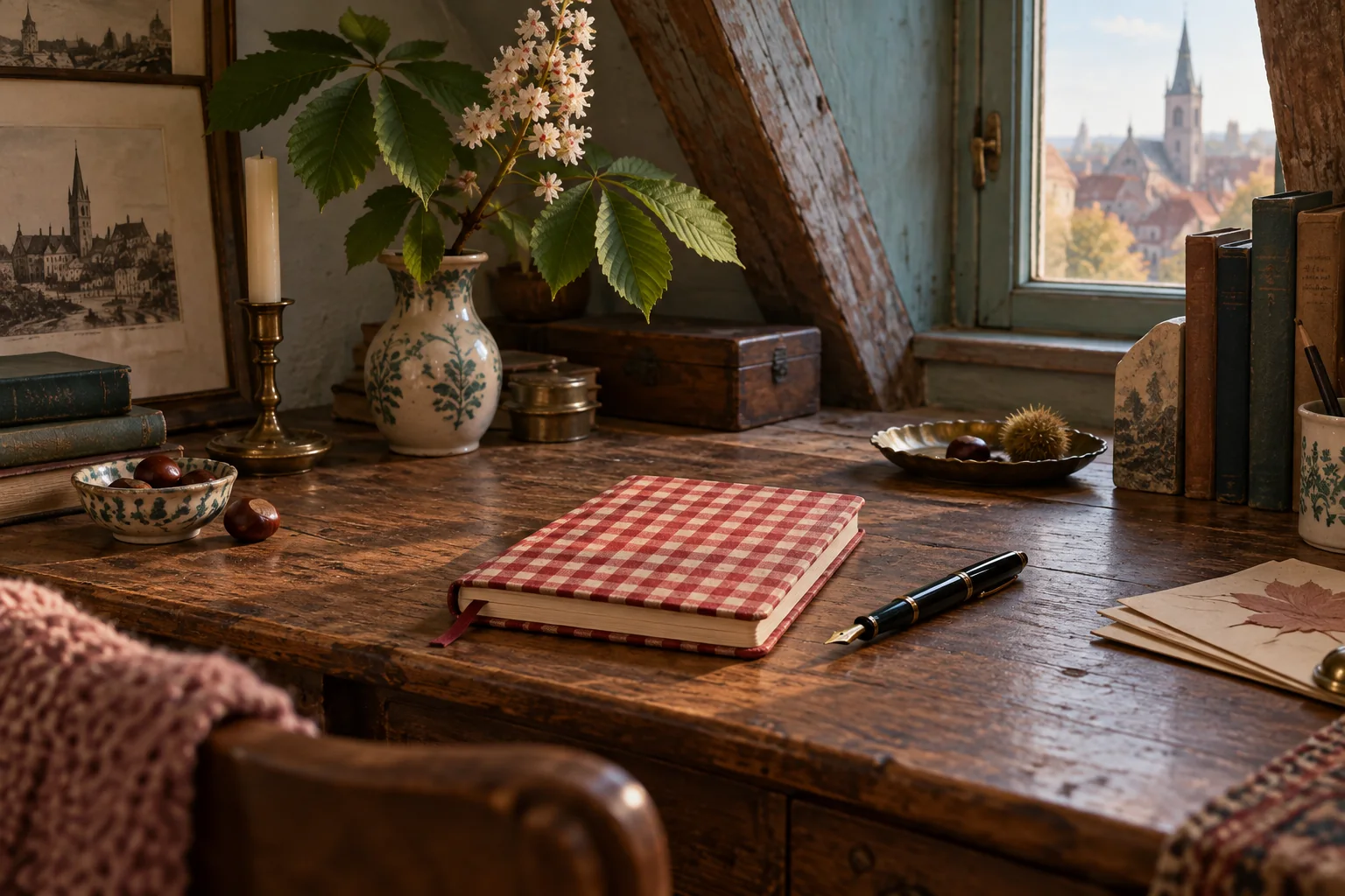 A red-check diary and fountain pen on a quiet attic desk beside chestnut blossoms