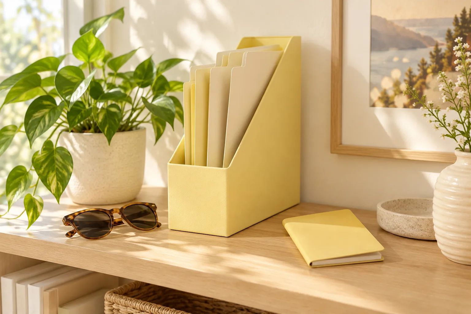 A butter-yellow file organizer on a bright shelf