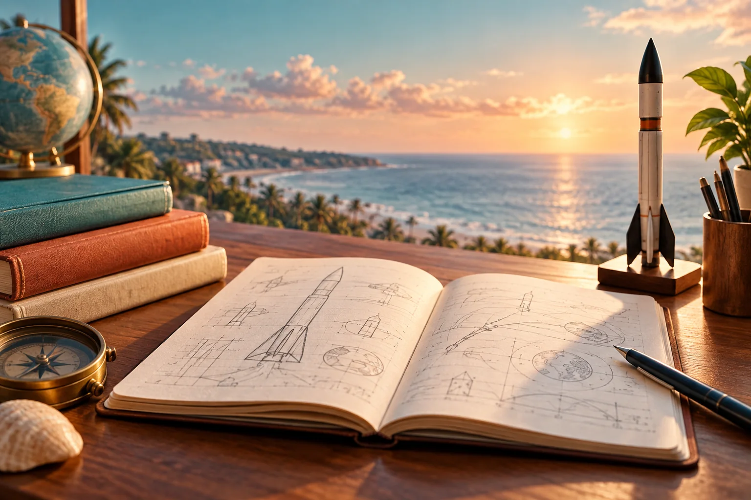 A model rocket, open sketchbook and books overlooking a warm coastal sunrise
