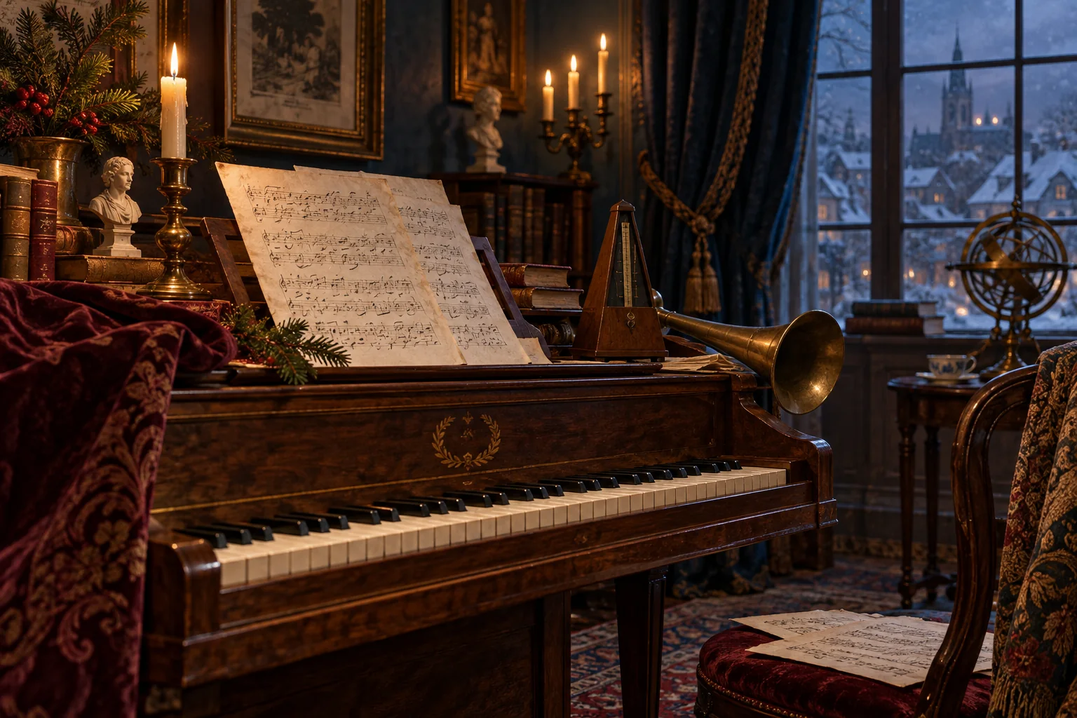 A candlelit fortepiano with music sheets, metronome and ear trumpet beside a winter window