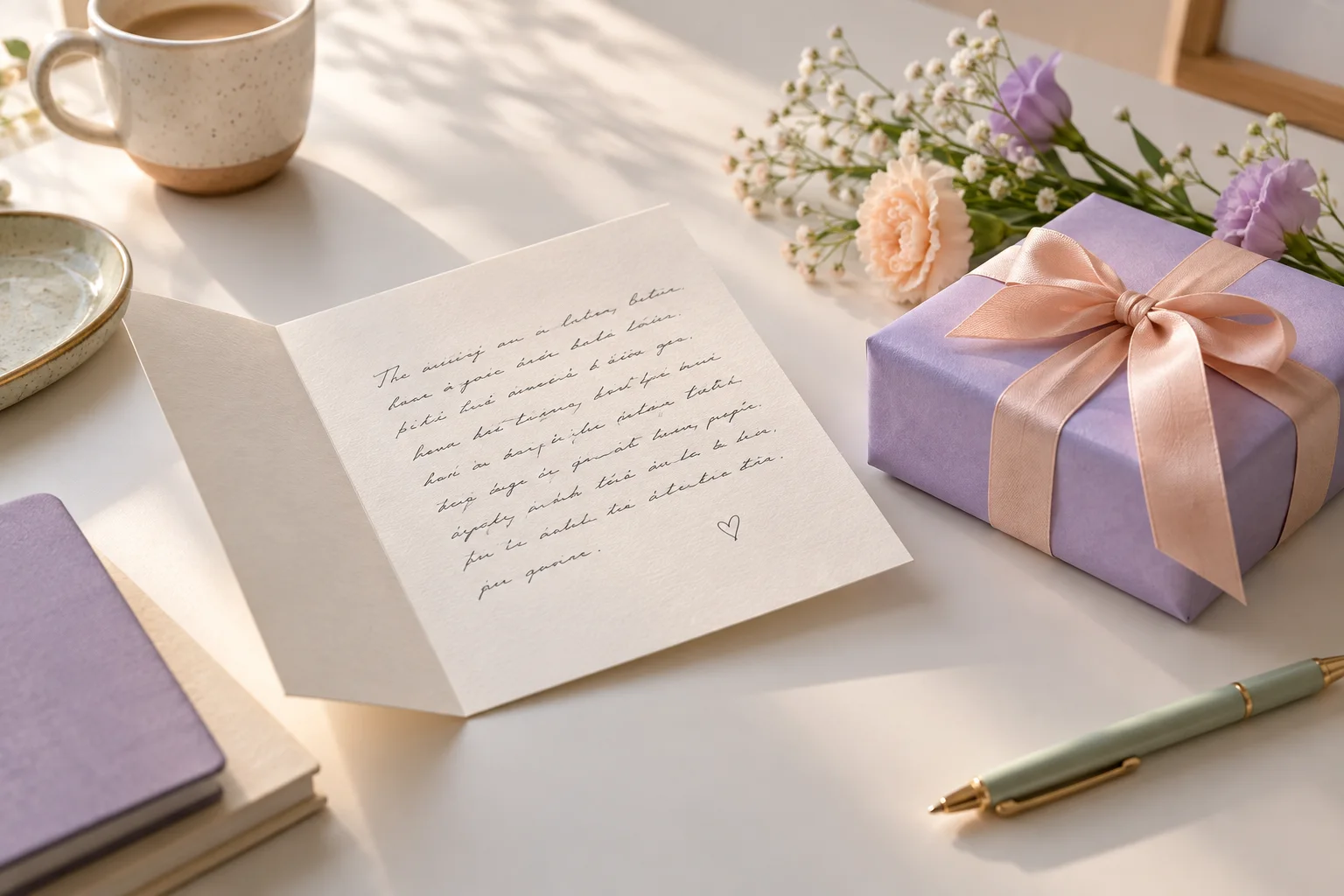 An open handwritten card beside a lilac-wrapped gift and flowers
