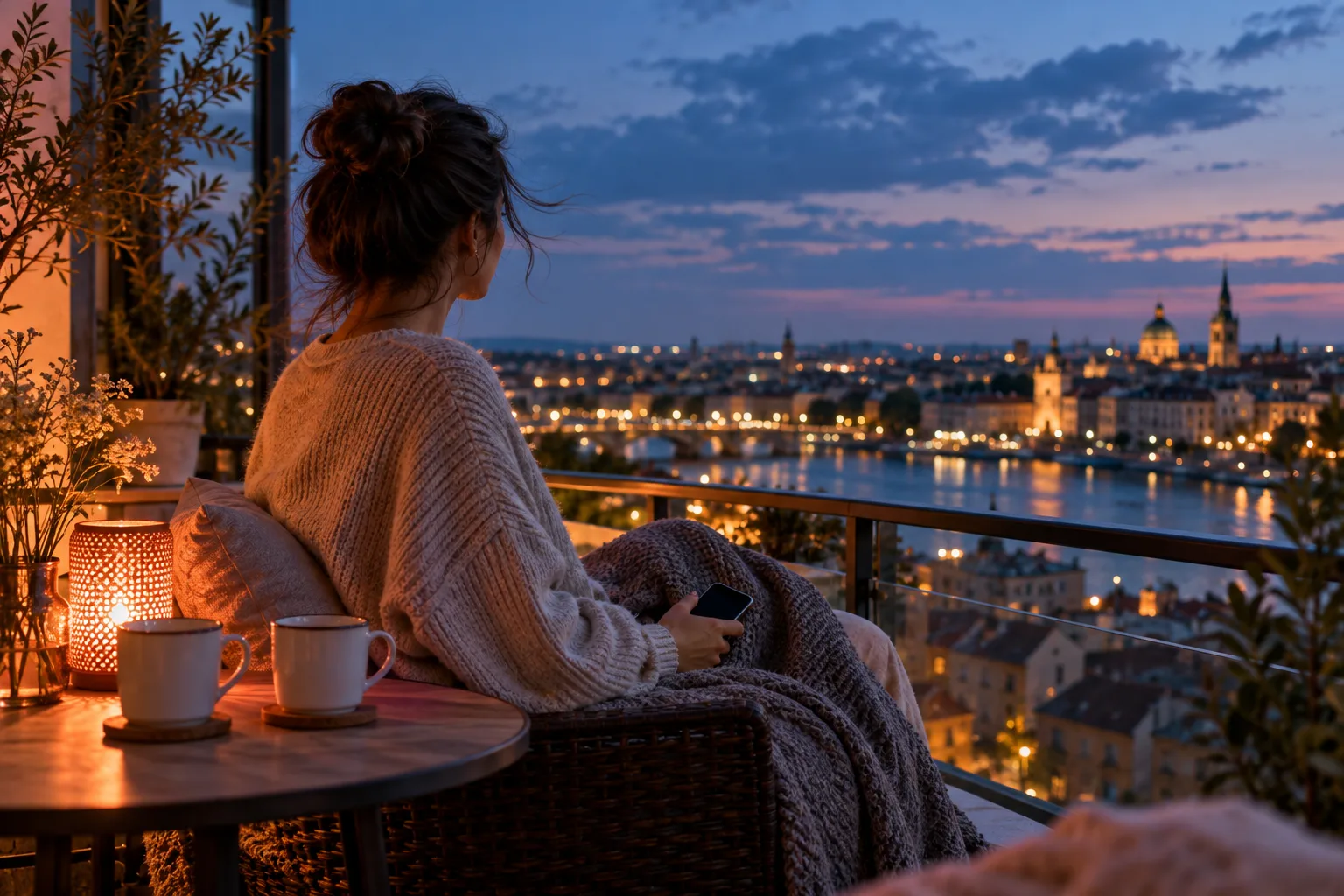 A person looking over city lights from a balcony with two cups nearby
