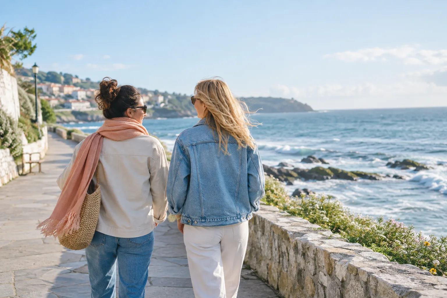 Two friends walking along a bright coastal path