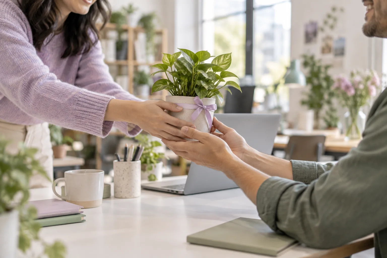 Coworkers exchanging a small potted plant across a bright office desk