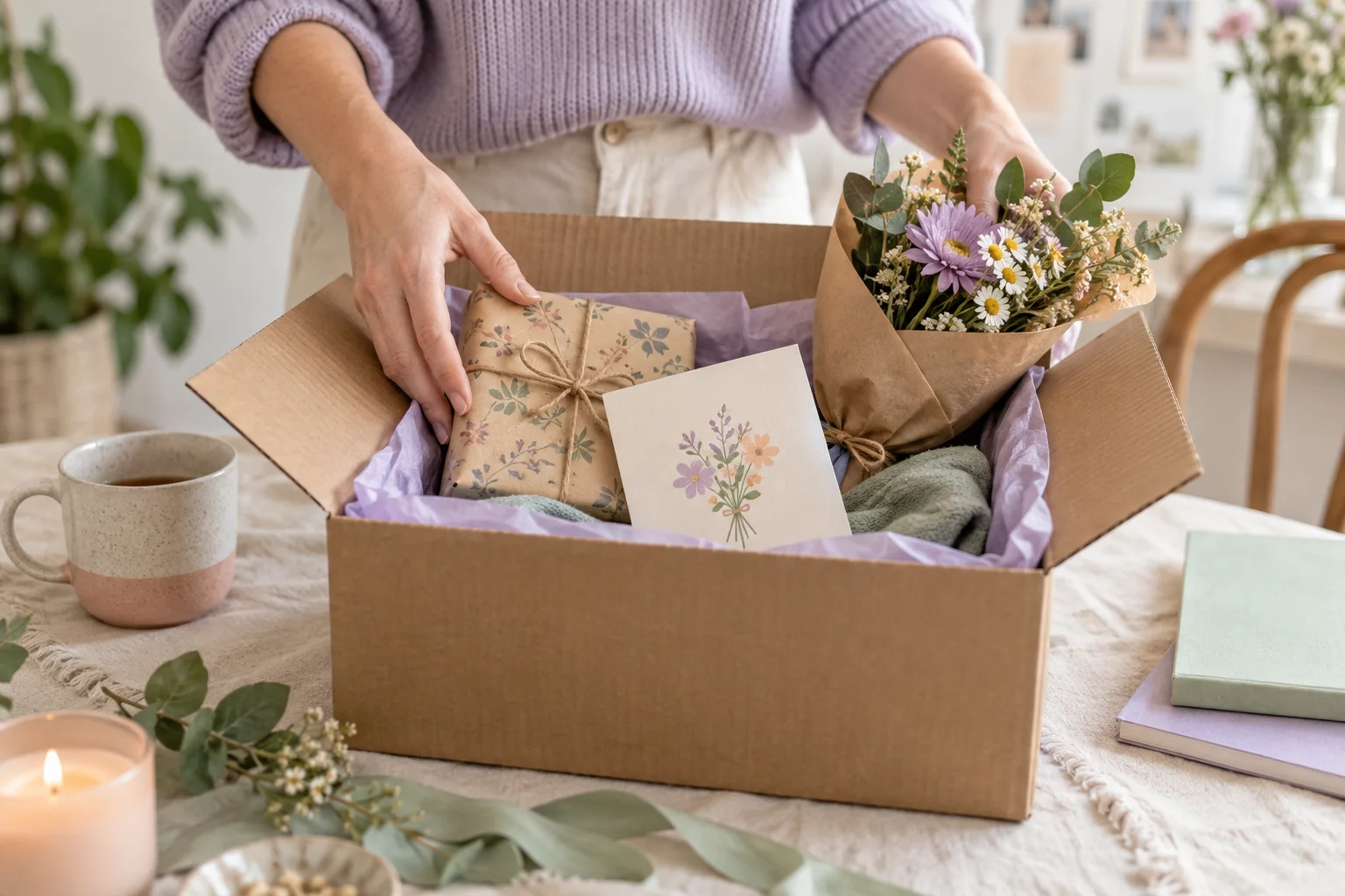 Hands packing a small birthday parcel with flowers and a card