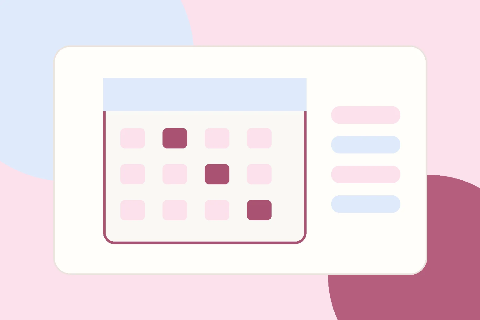 Stacked weekly cards and month tabs in sage yellow and lavender