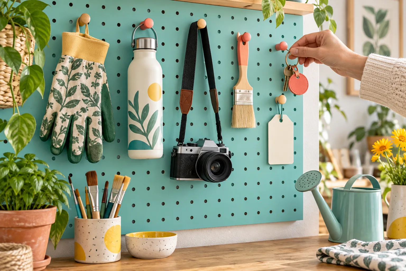 A colorful home-studio pegboard holding useful everyday objects