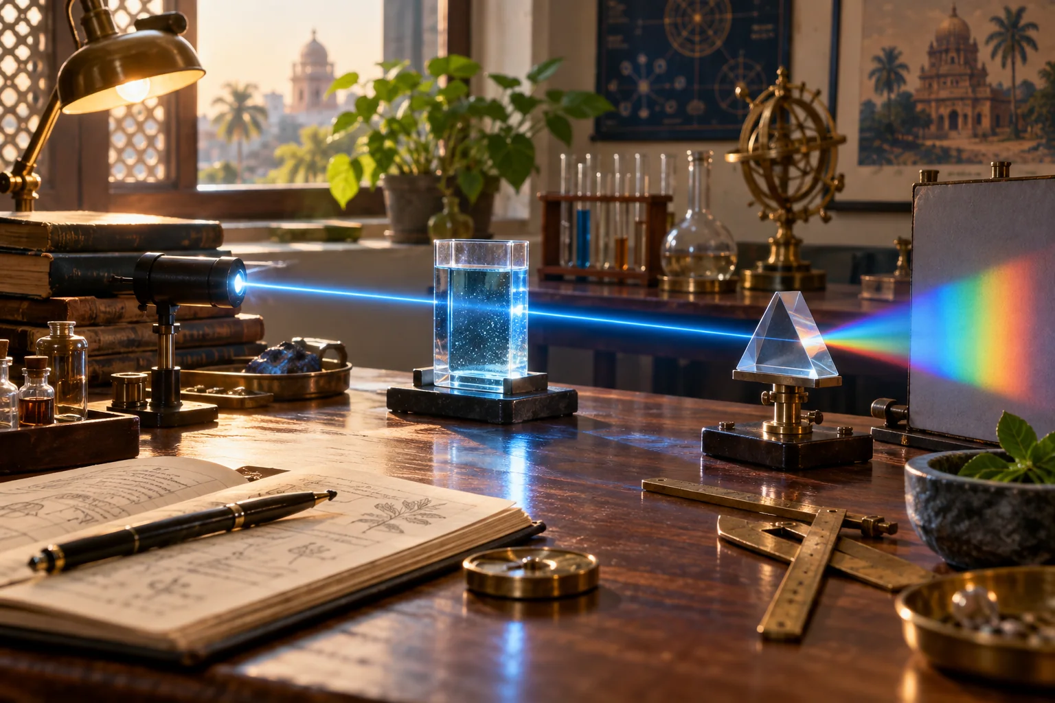 An Indian science desk with a blue beam passing through liquid into a colorful spectrum
