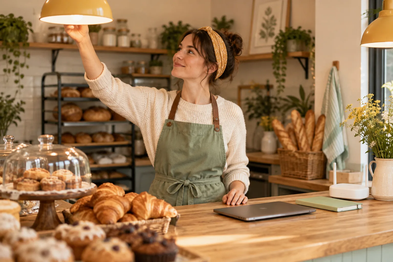 A bakery owner preparing a bright counter beside a closed laptop and router