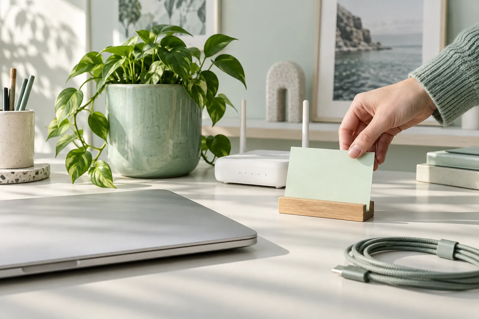 A mint-green home workspace with a closed laptop and router