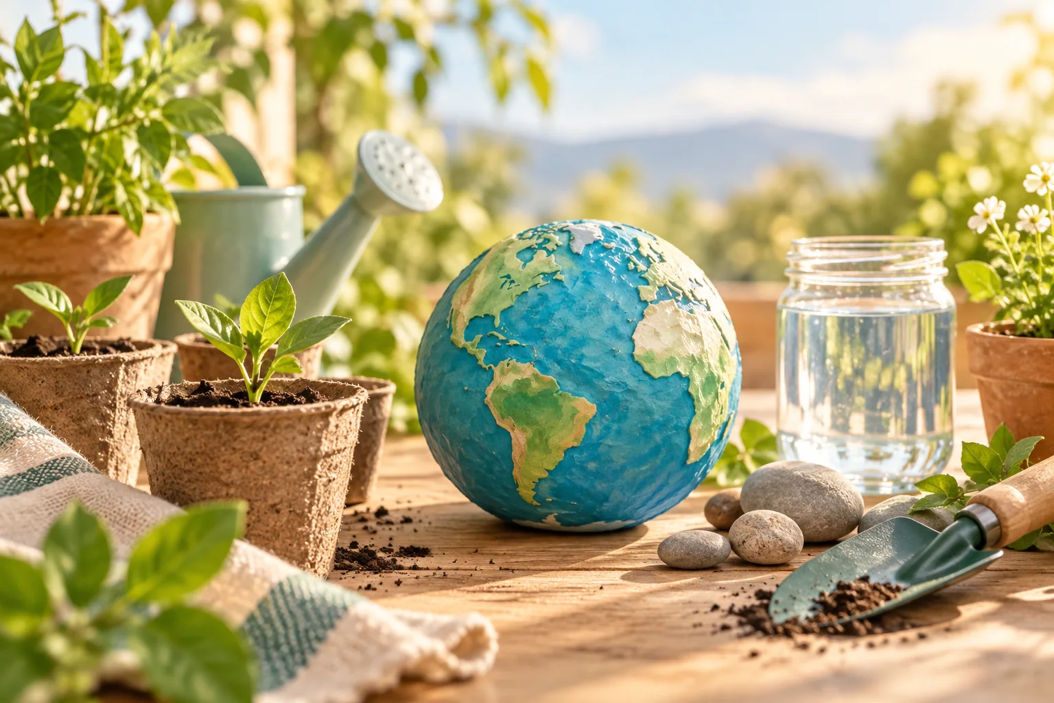 A handmade globe among seedlings, clean water, stones and gardening tools