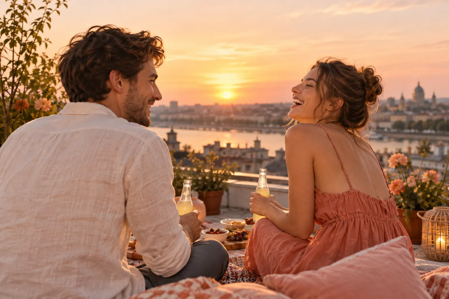 A couple sharing a relaxed rooftop picnic at sunset