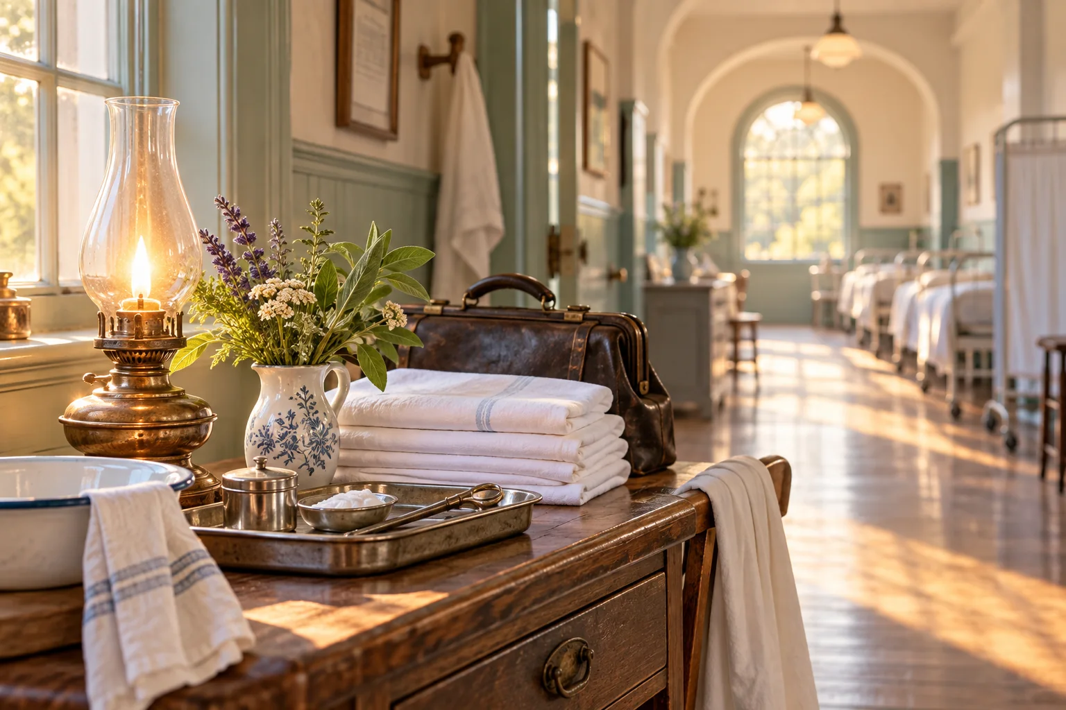 A glowing lamp beside folded linens, herbs and a medical bag in a sunlit hospital