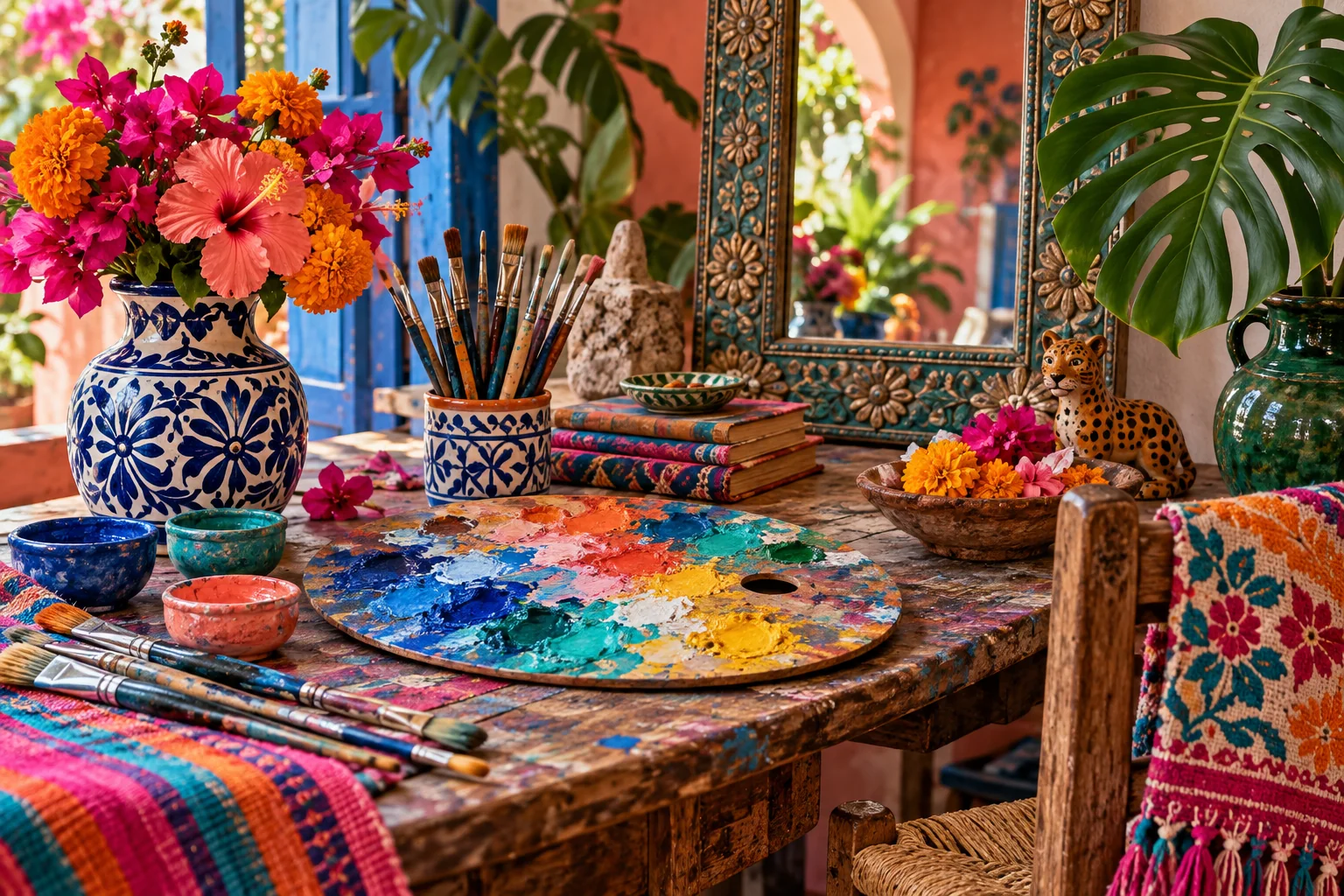 A colorful Mexican-inspired art studio with flowers, brushes, mirror and painted palette