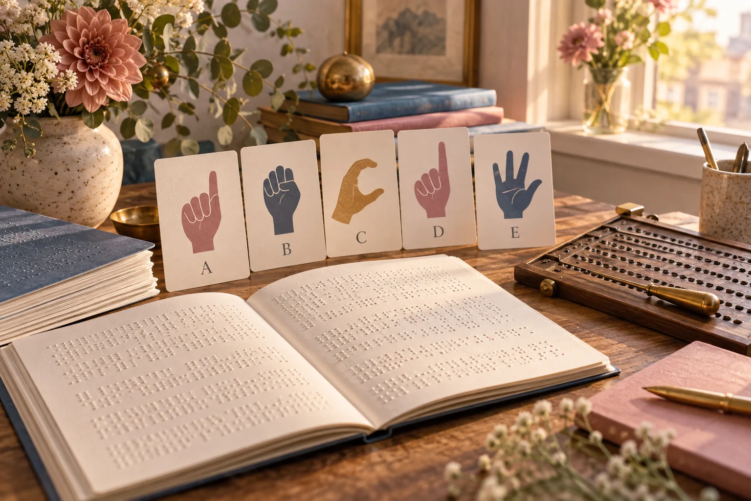A tactile communication desk with Braille book, hand alphabet cards and writing board