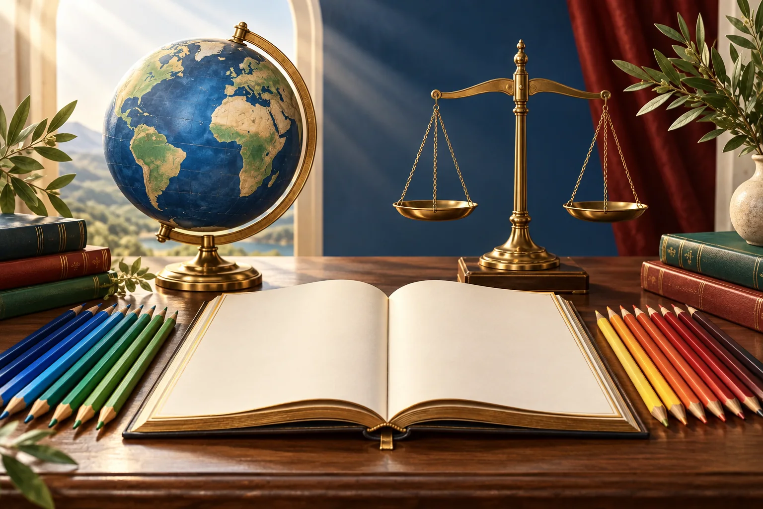 A globe, balanced scales, open blank charter and equal rows of colorful pencils