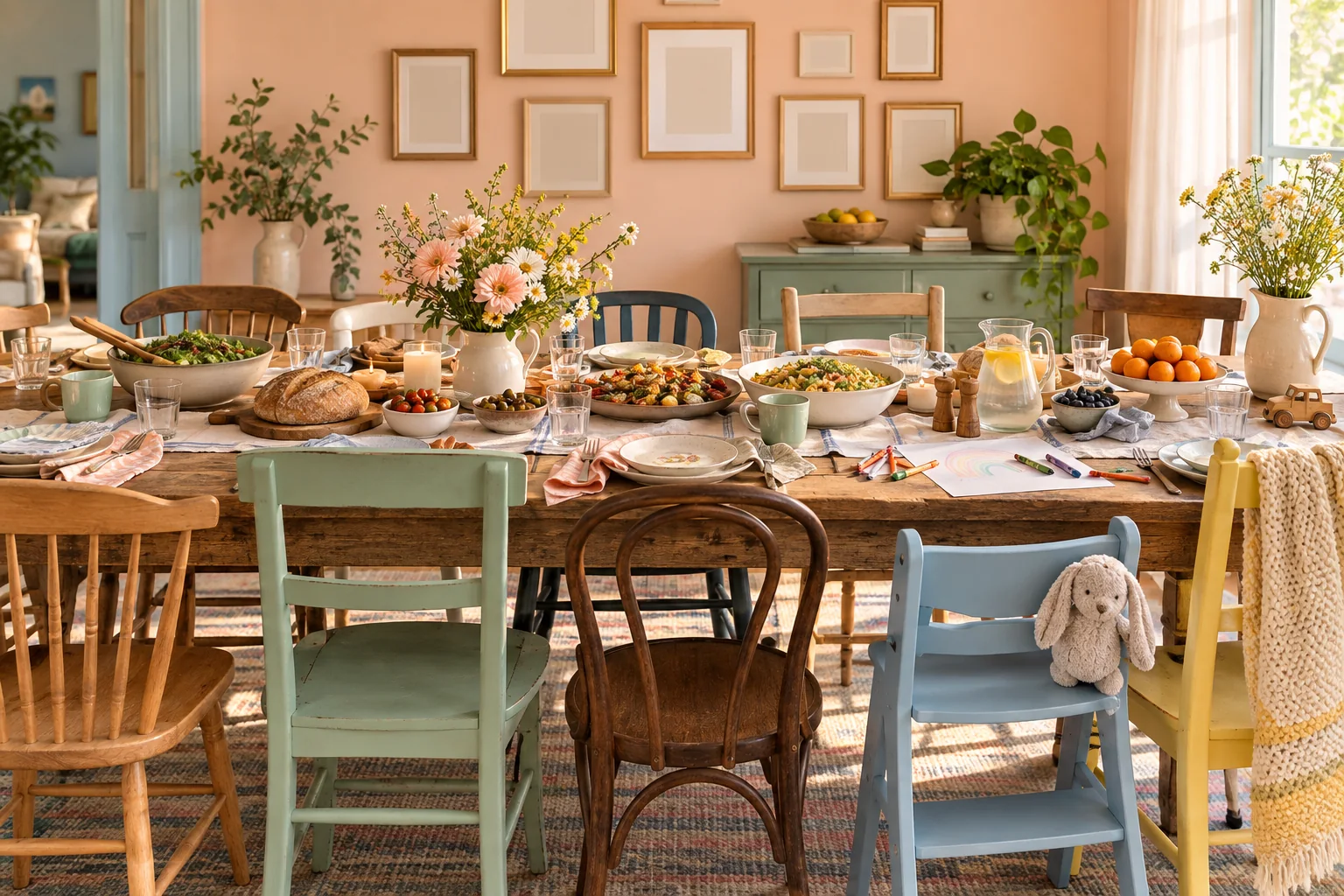 A welcoming family table with mismatched chairs, shared food, flowers and children’s crayons