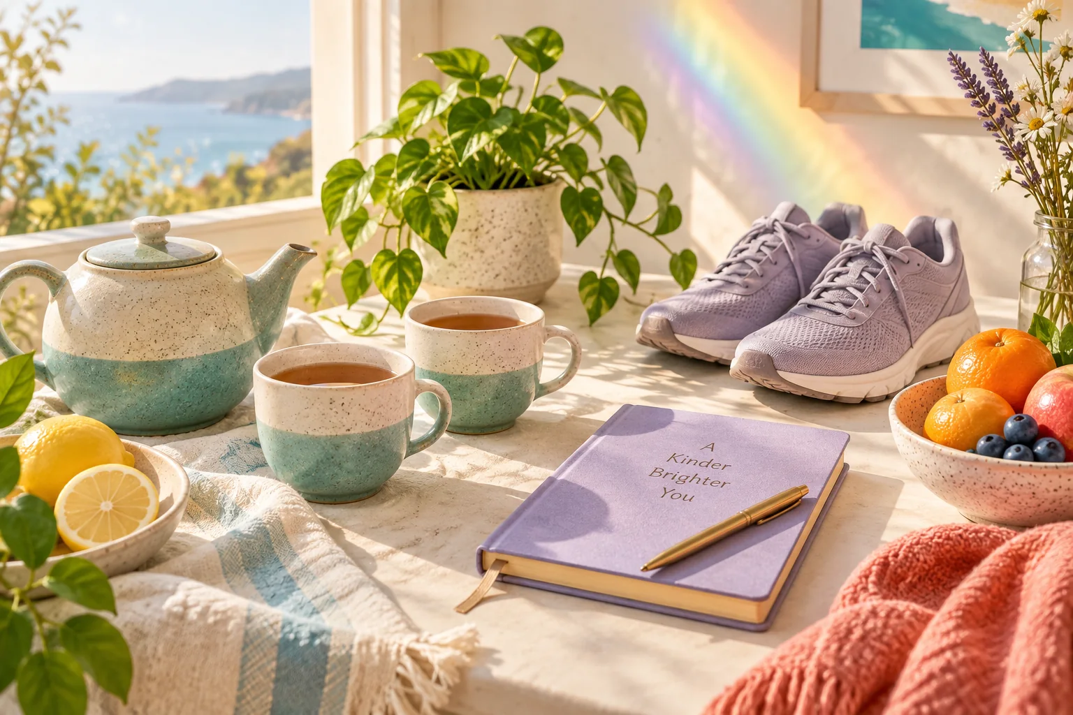 A sunny wellbeing table with shared tea, walking shoes, plants, fruit and a soft rainbow