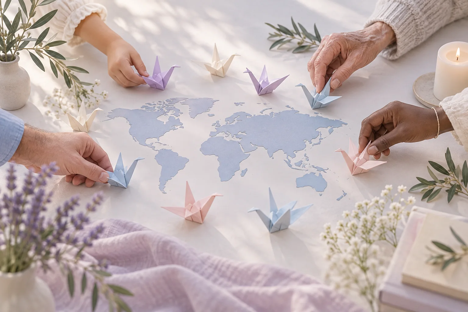 Hands of different ages arranging pastel paper cranes around a simple world map