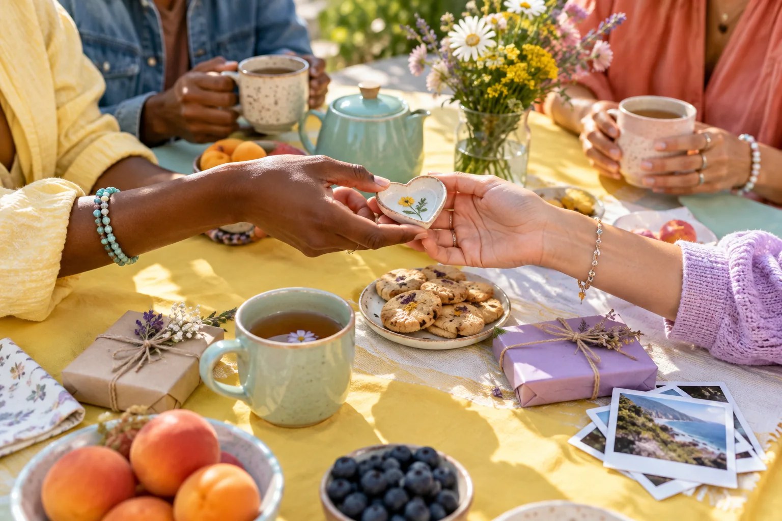 Friends sharing tea, small gifts and photographs around a bright pastel outdoor table