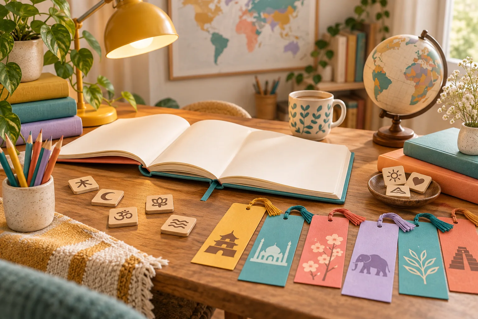 An open blank book surrounded by colorful bookmarks, pencils, a lamp and globes