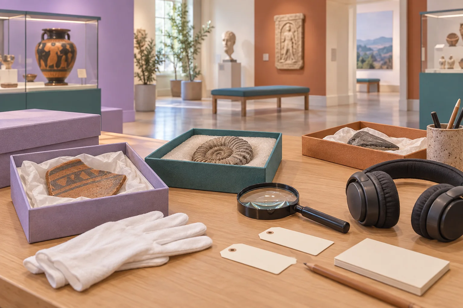 A museum worktable with artifact boxes, fossil, gloves, magnifier and accessibility headphones