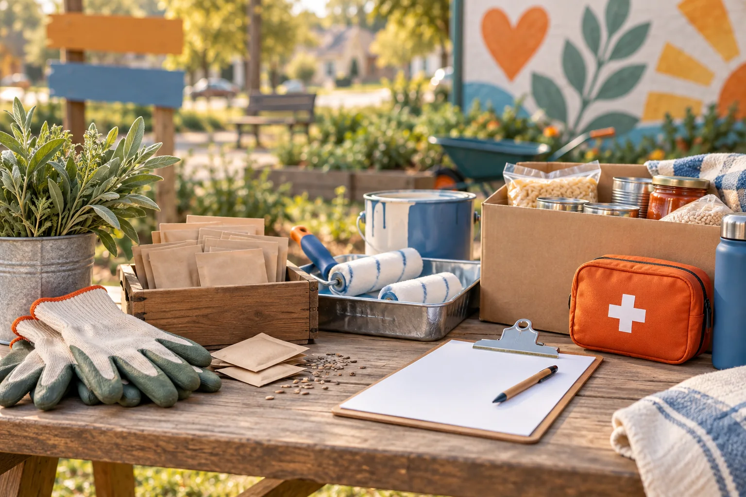 A community volunteer table with gardening gloves, paint rollers, food box and blank clipboard