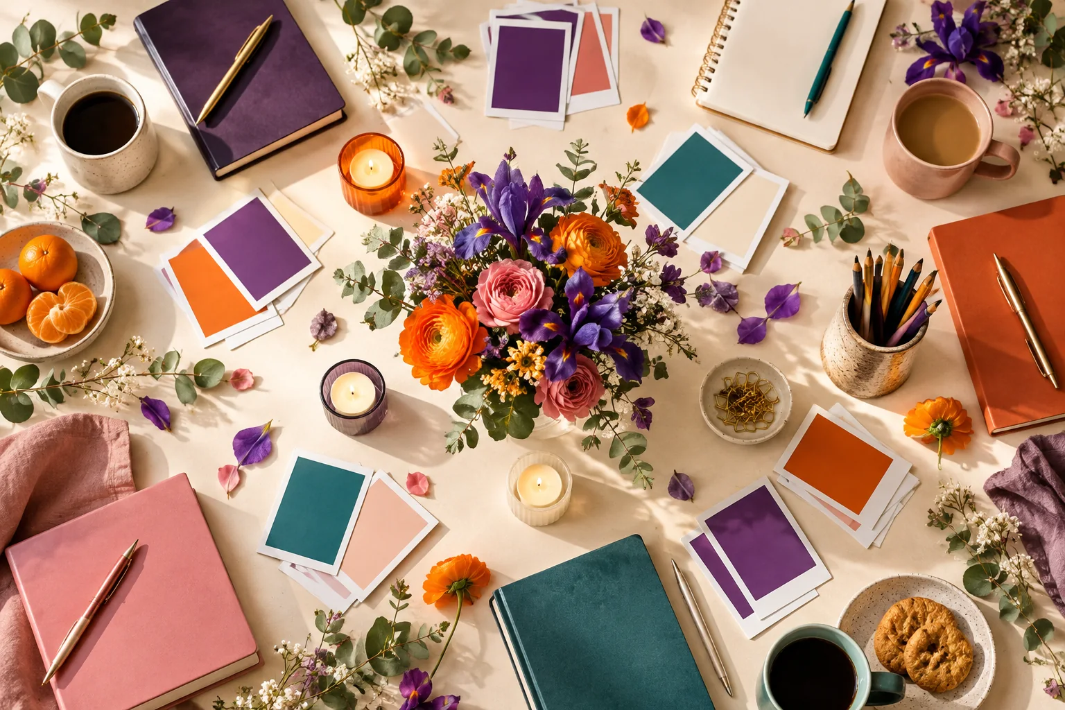 A colorful collaborative desk with notebooks, flowers, creative tools and photographs