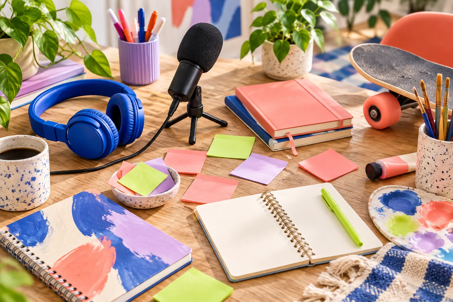 A colorful creative table with headphones, microphone, notebooks, paints and a skateboard