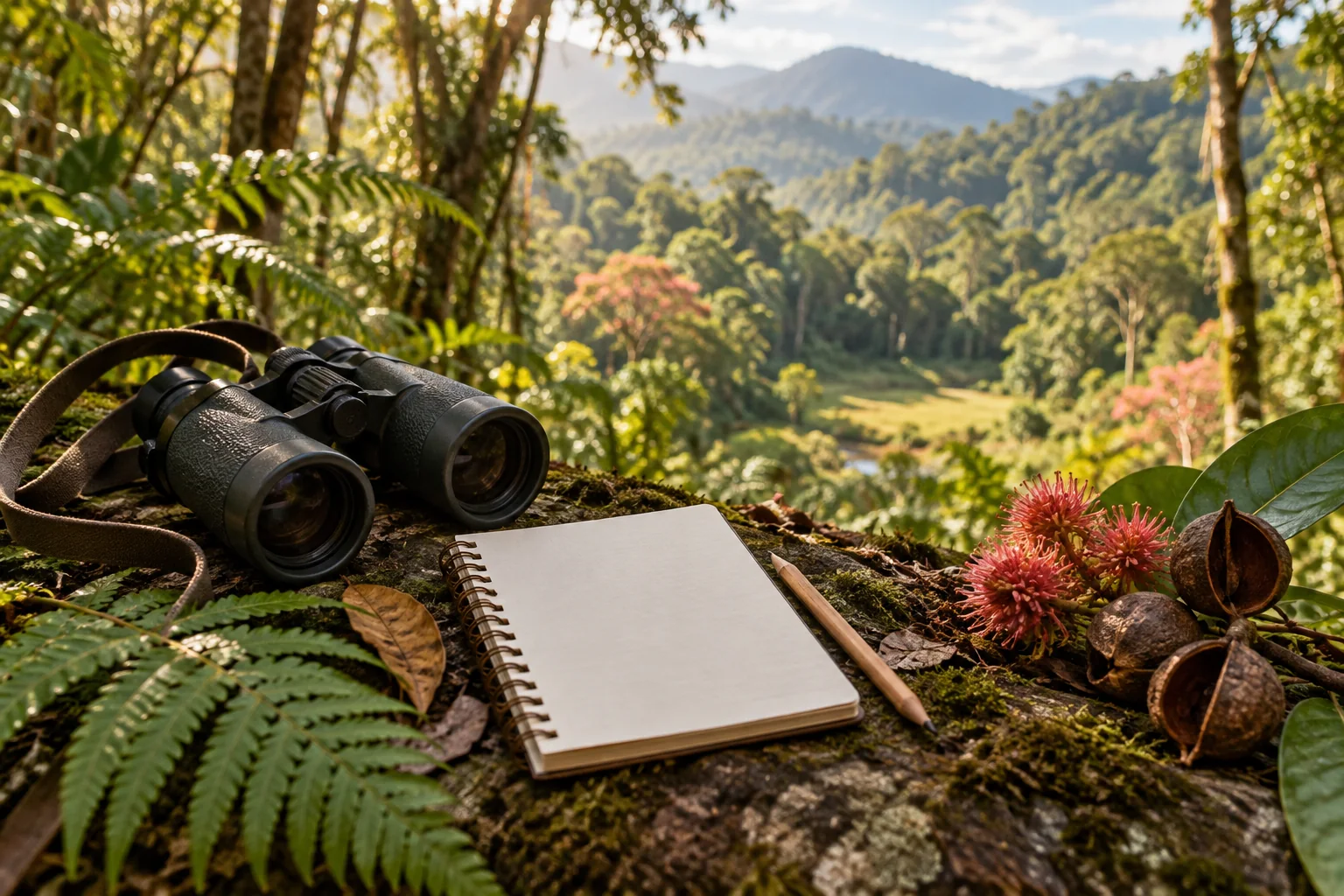 Binoculars and a blank field notebook overlooking a lush forest clearing