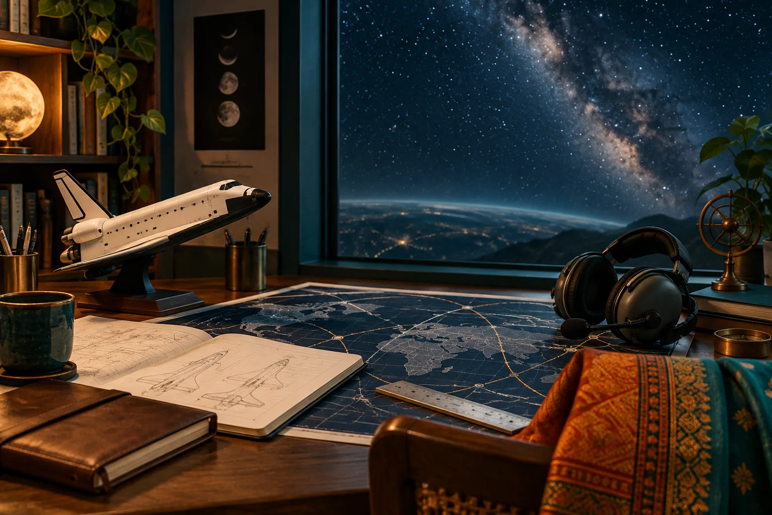 A starry aerospace study with space shuttle model, flight map and pilot headset