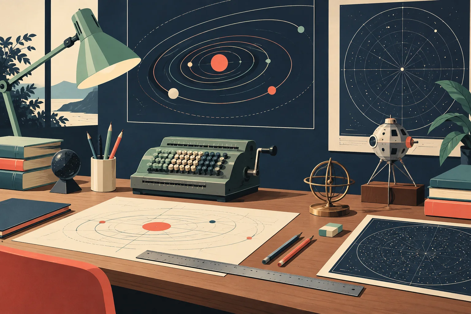 A mid-century mathematics desk with mechanical calculator, orbit charts and model spacecraft