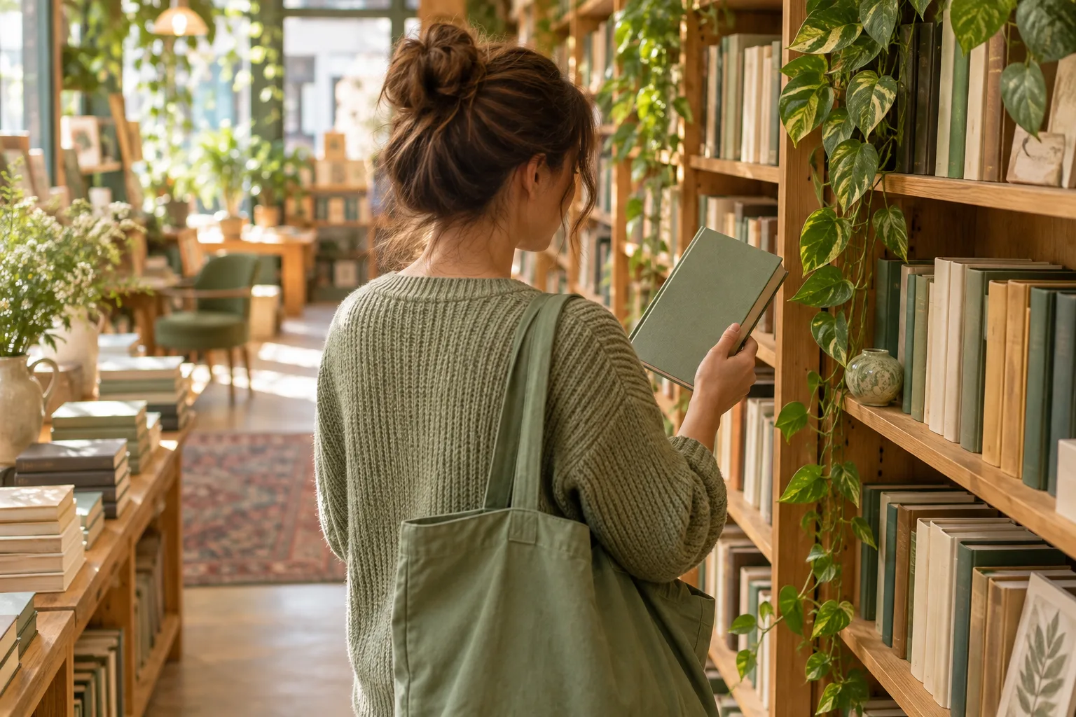 A person browsing books in a warm bookstore with a sage-green tote