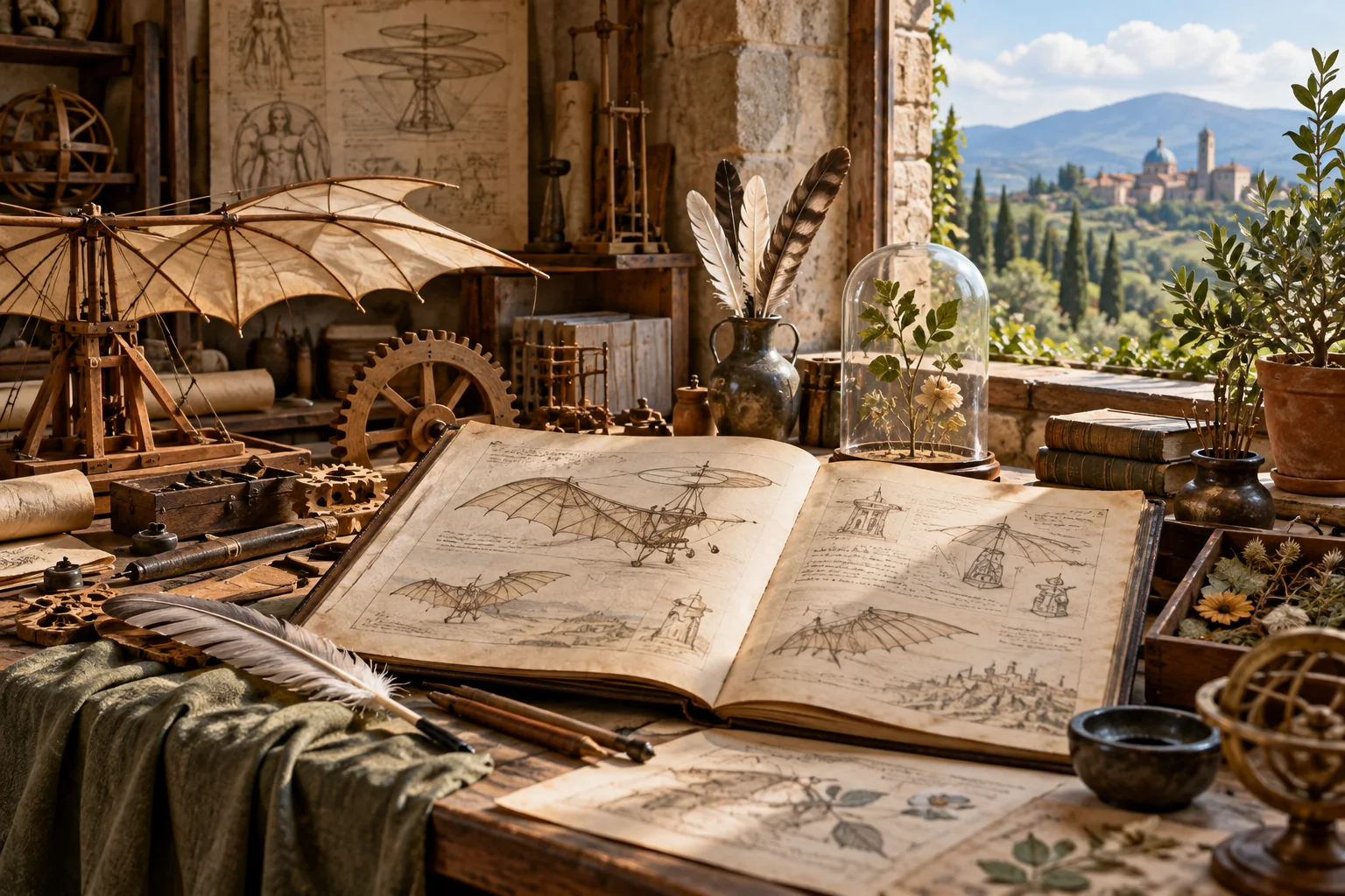 Renaissance inventor workshop with flying-machine sketches, gears, feathers and Tuscan light