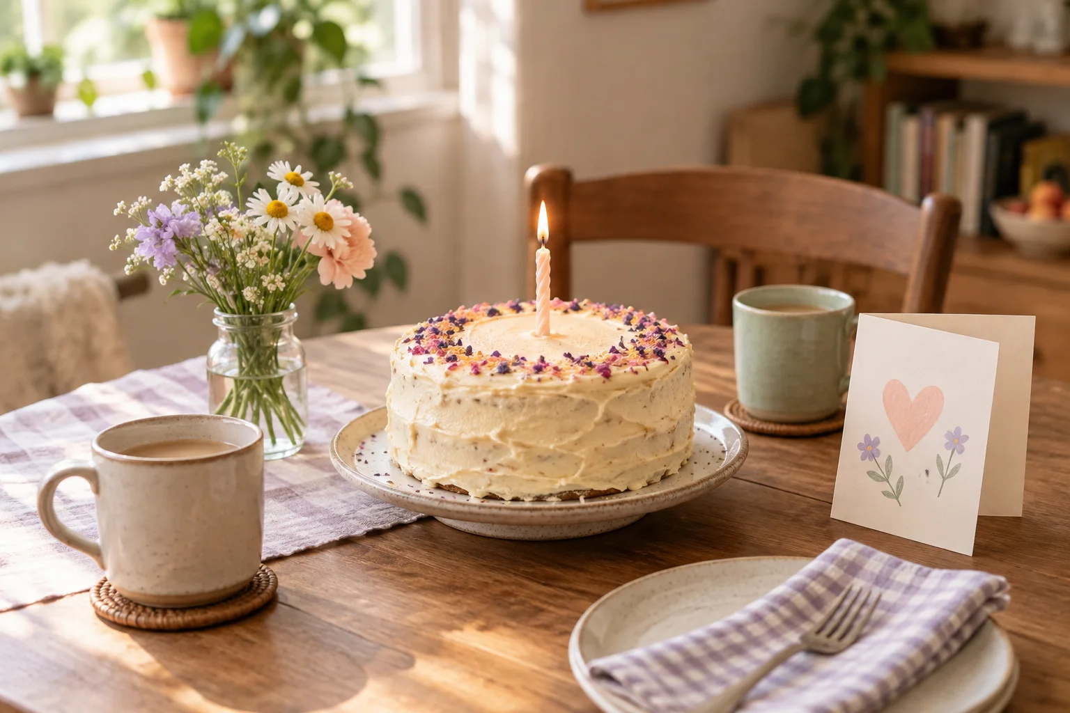 A homemade birthday cake with one candle, flowers and a card on a sunny table