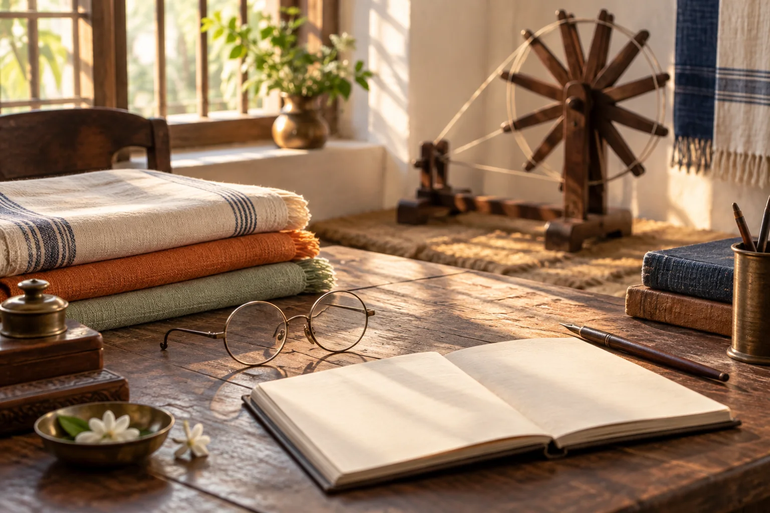 A sunlit desk with round spectacles, handwoven cloth, a notebook and wooden spinning wheel