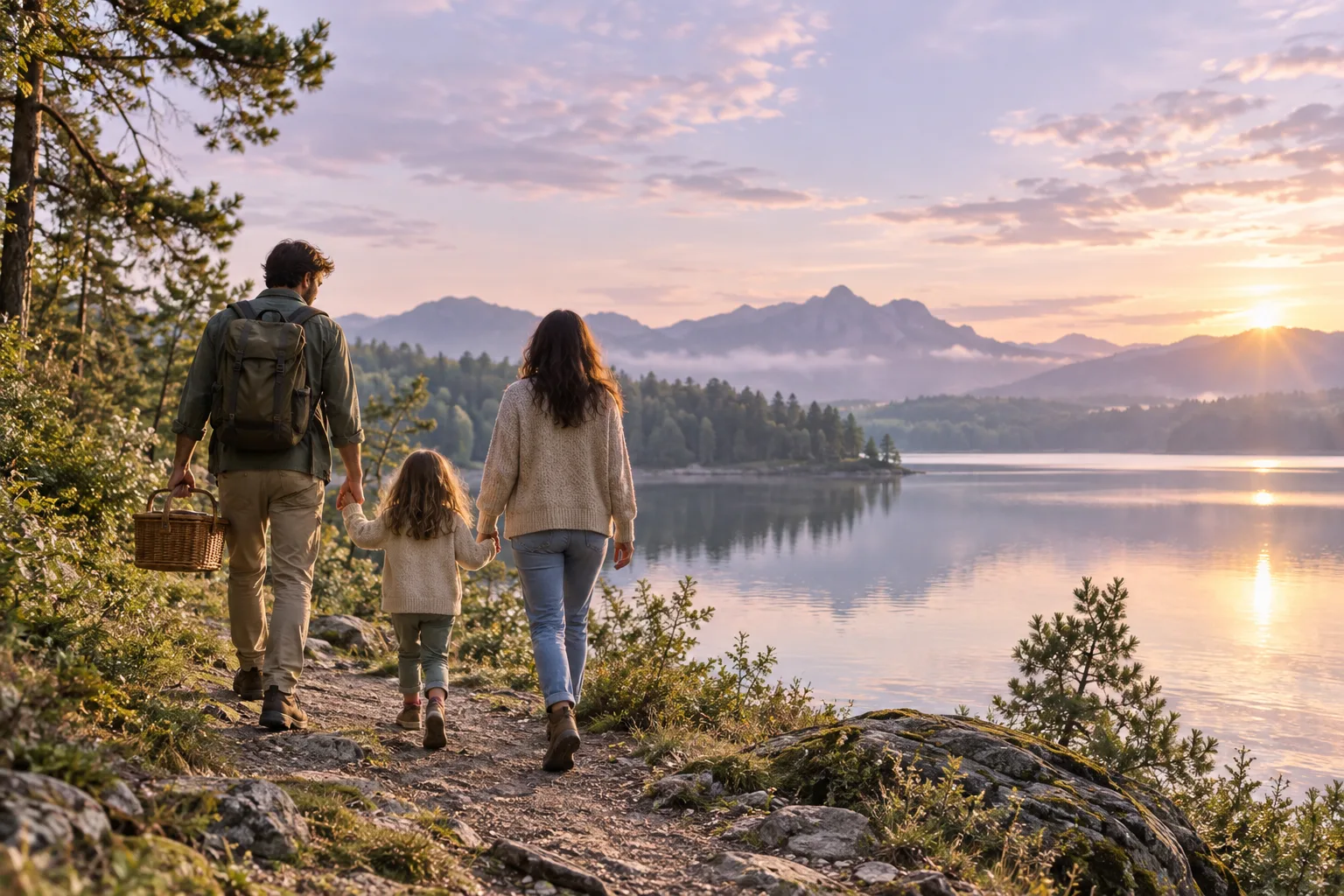 A family walking beside a lake at sunrise with a picnic basket