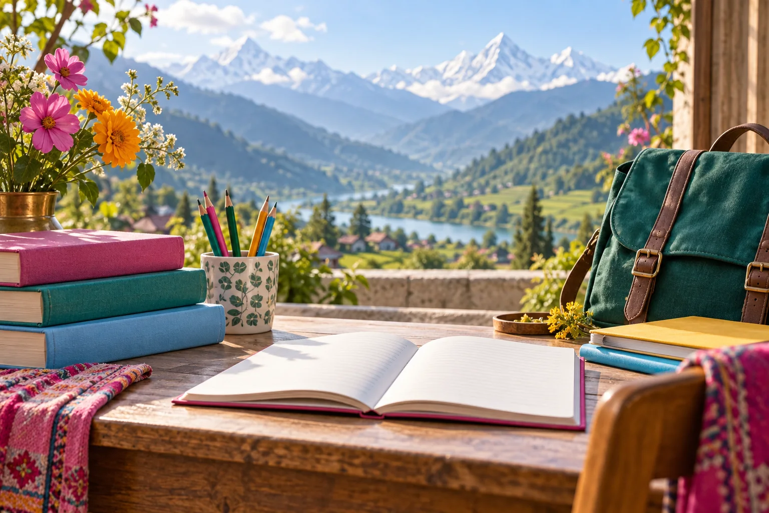 A bright study desk with schoolbooks, pencils and satchel overlooking a mountain valley