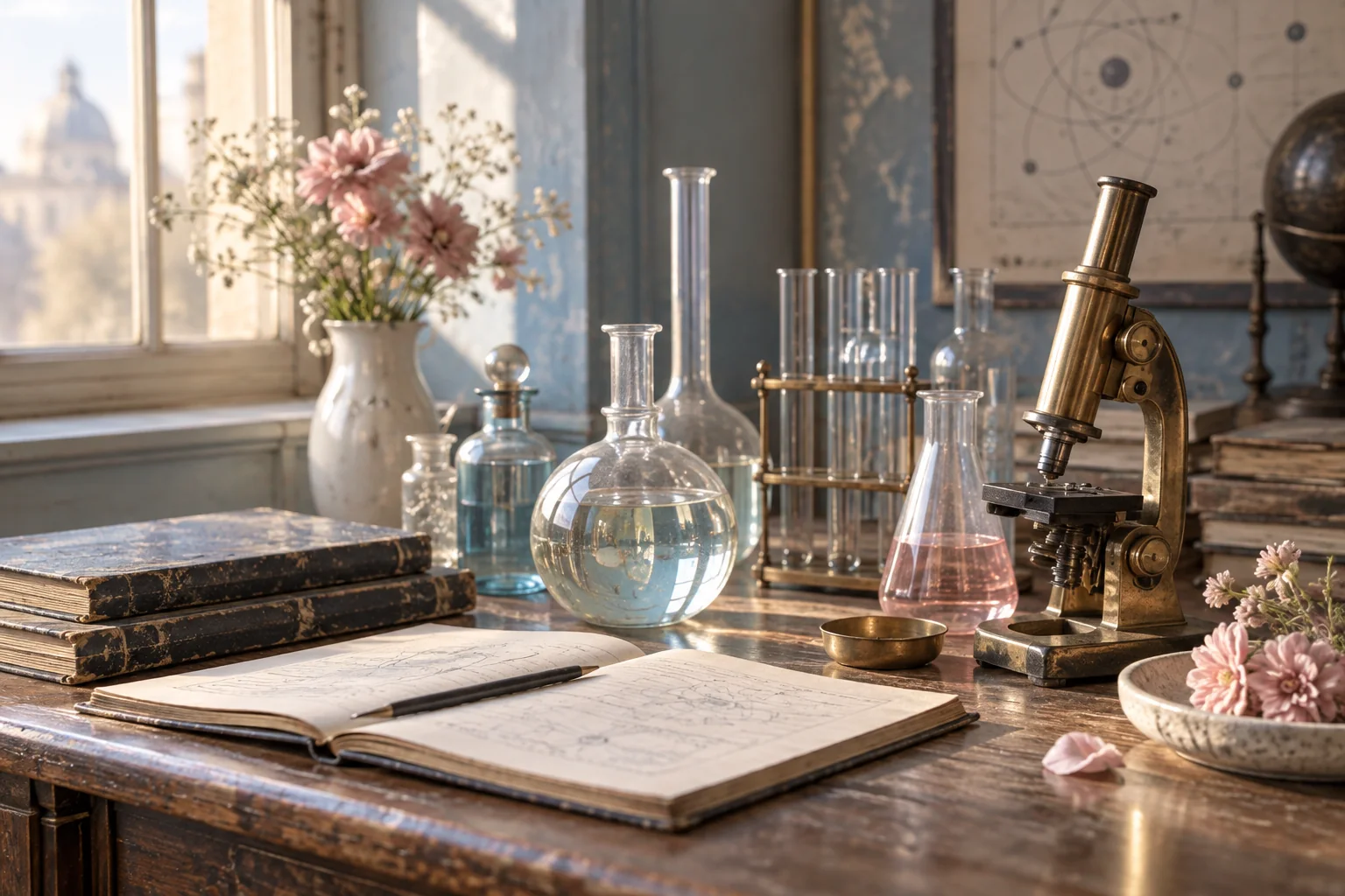 Vintage laboratory glassware, notebooks and a brass microscope in soft blue and rose light