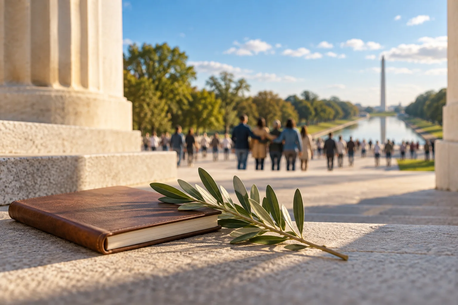 An olive branch and notebook on sunlit civic steps with people gathered in the distance