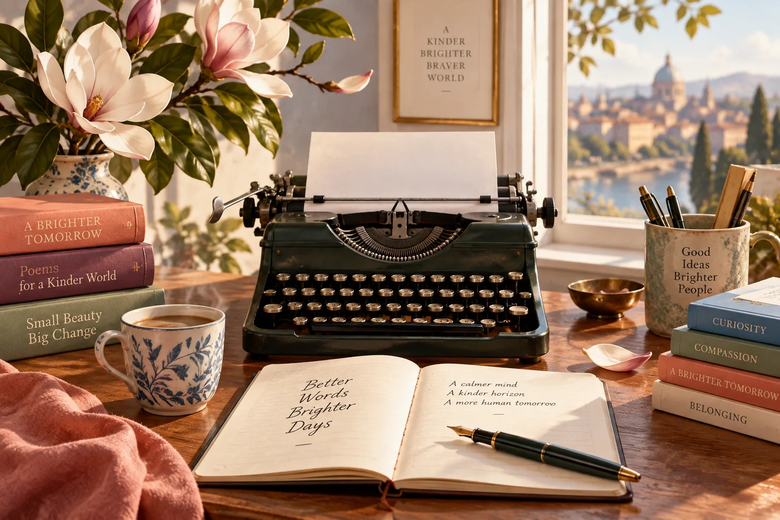 A sunlit writer’s desk with vintage typewriter, notebook, fountain pen and magnolias