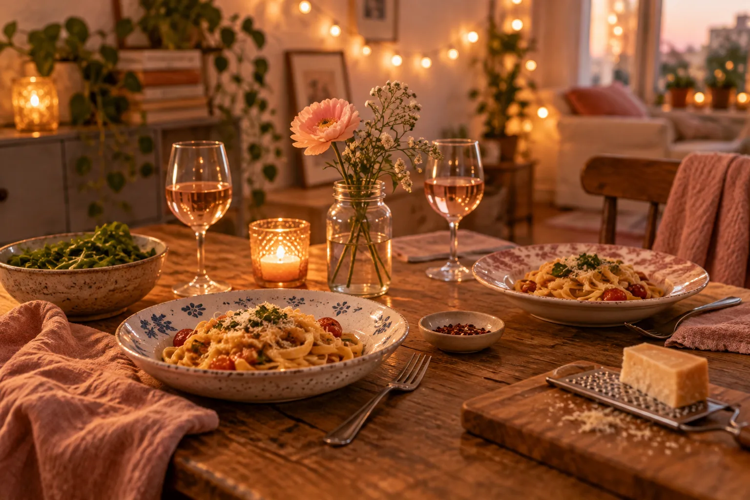A cozy homemade dinner set for two with a flower and warm lights