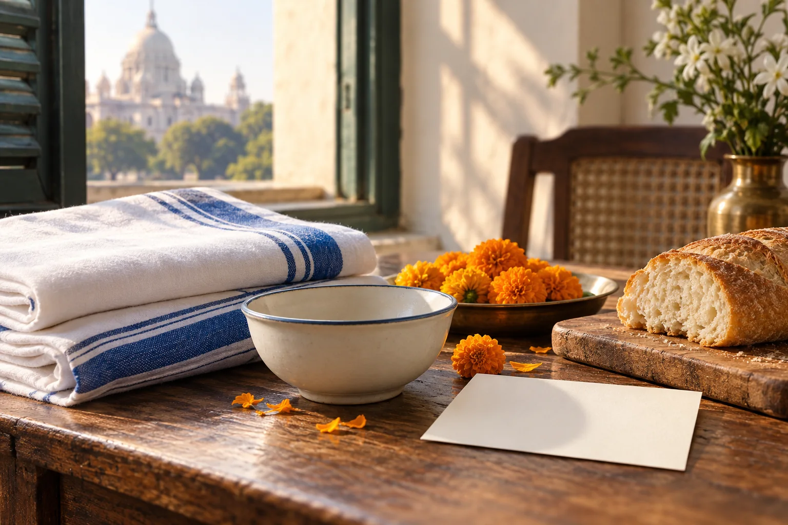 White and blue cloth, marigolds, a bowl, bread and a blank card on a Kolkata-inspired table