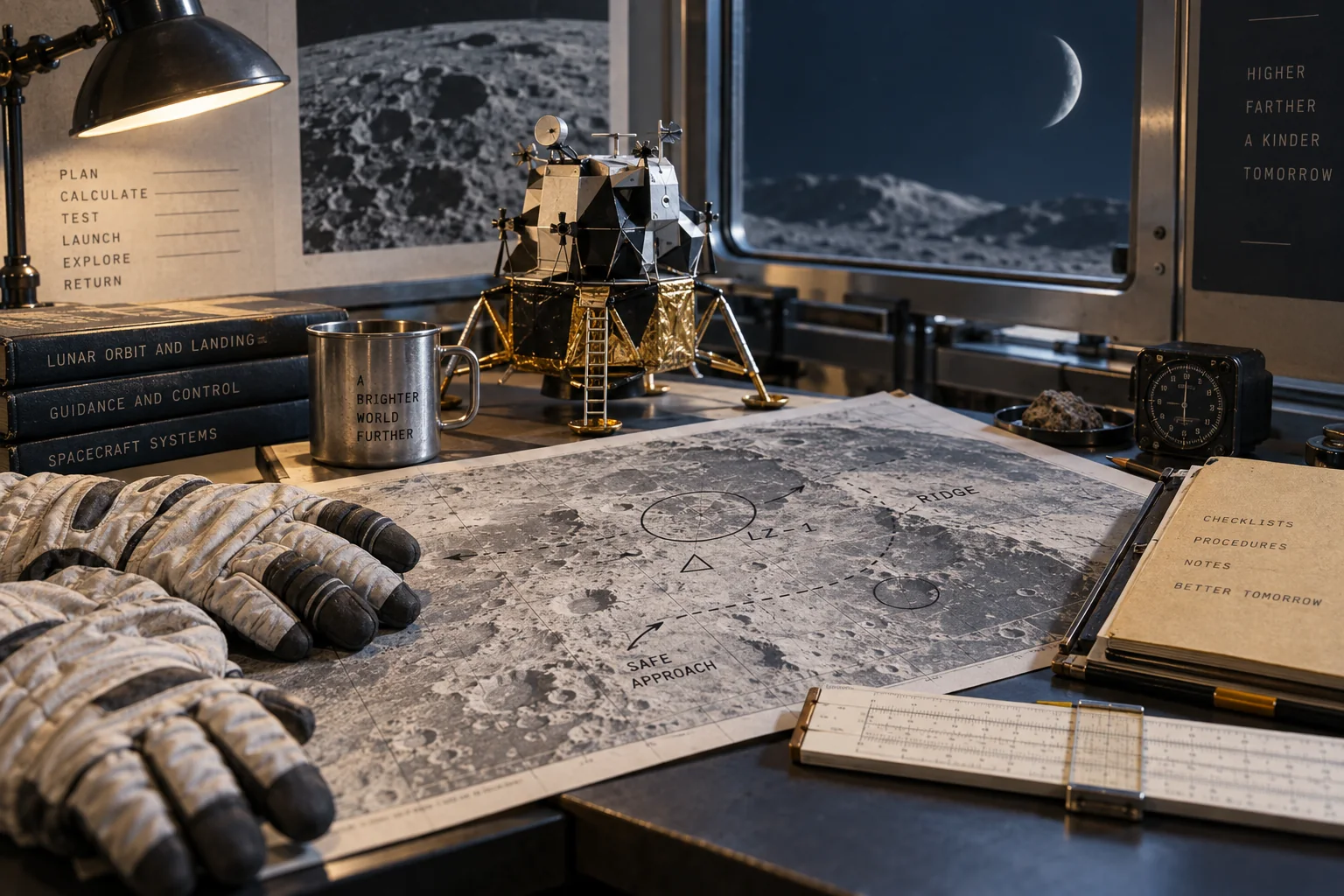An Apollo-era engineering desk with lunar module model, moon map, gloves and slide rule