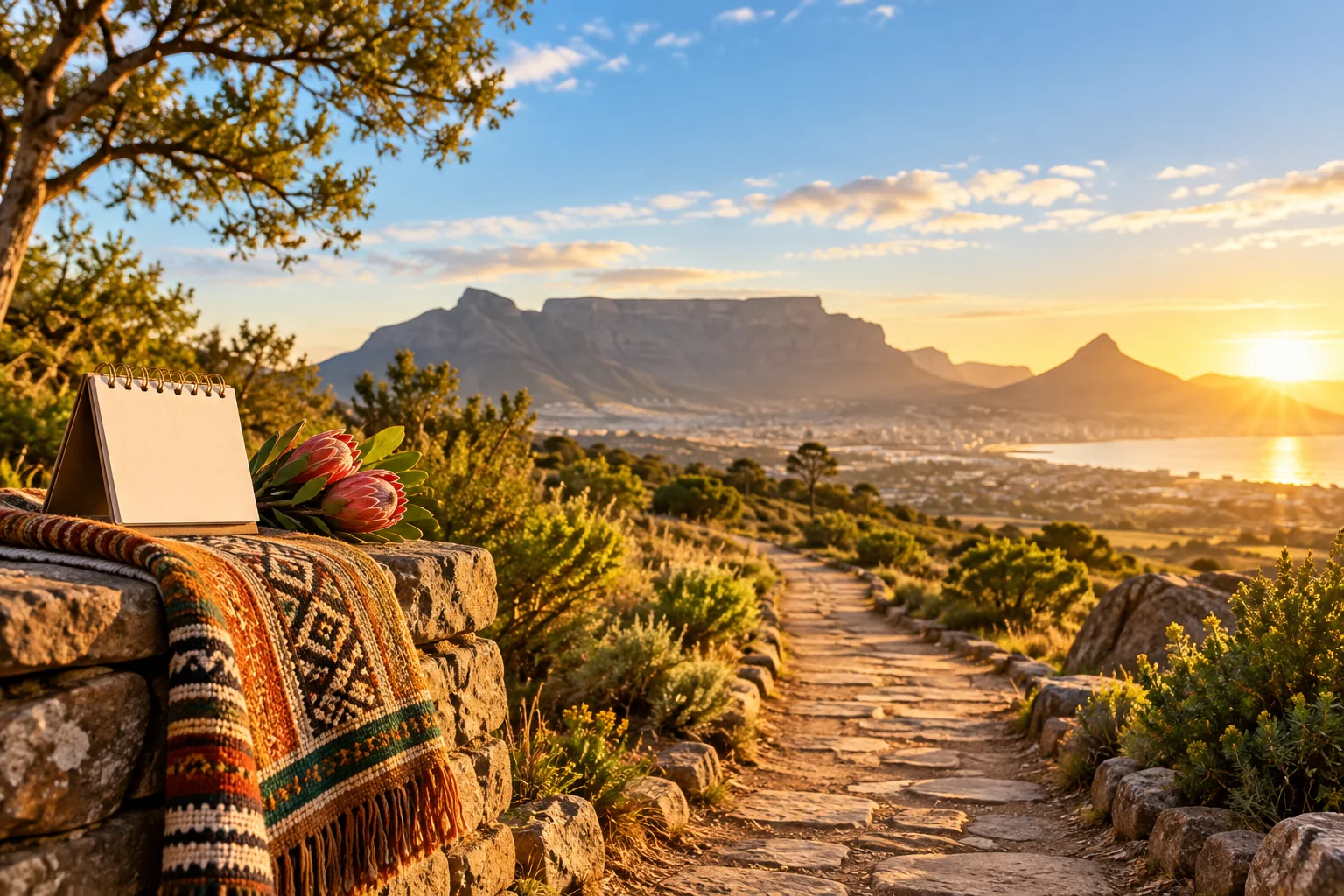 A path overlooking Cape Town at sunrise beside a blank calendar and woven textile