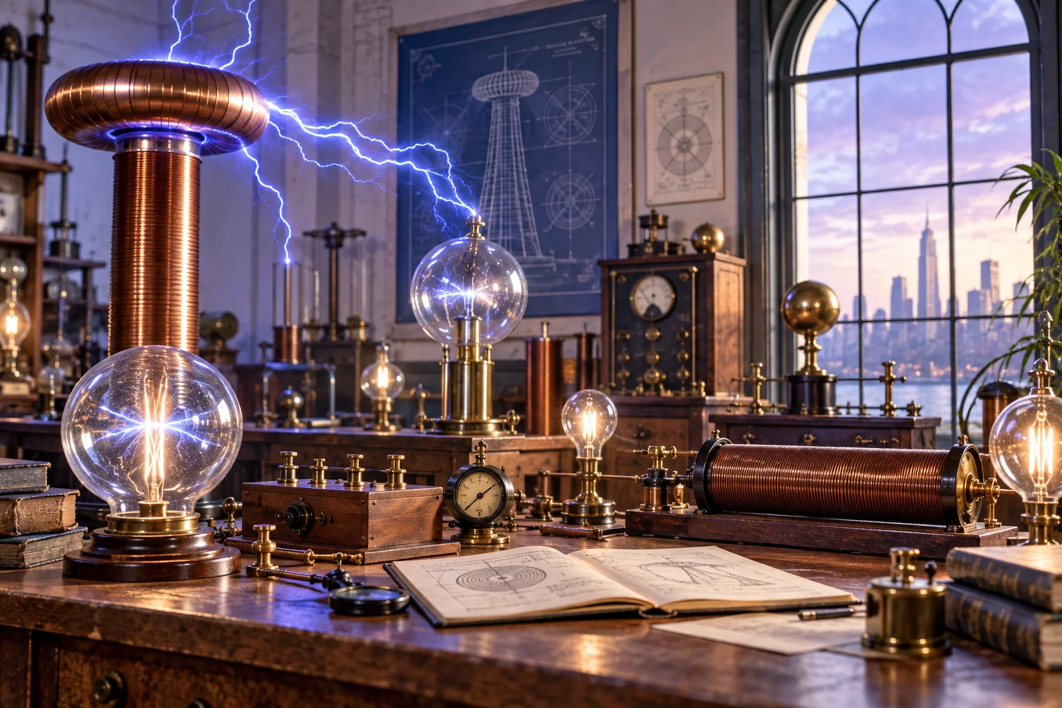 Copper coils, glowing bulbs and vintage instruments in a bright electricity laboratory