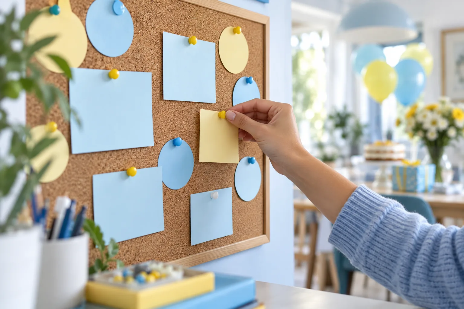 A hand arranging pale blue and yellow reminder cards on a cork board